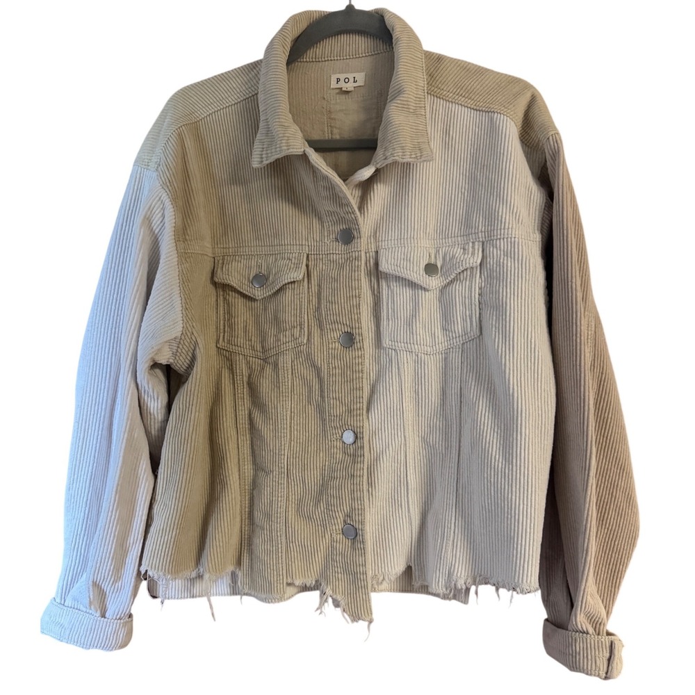 POL Womens Corduroy Colorblock Jacket Tan Cream Distressed Star Patch Large